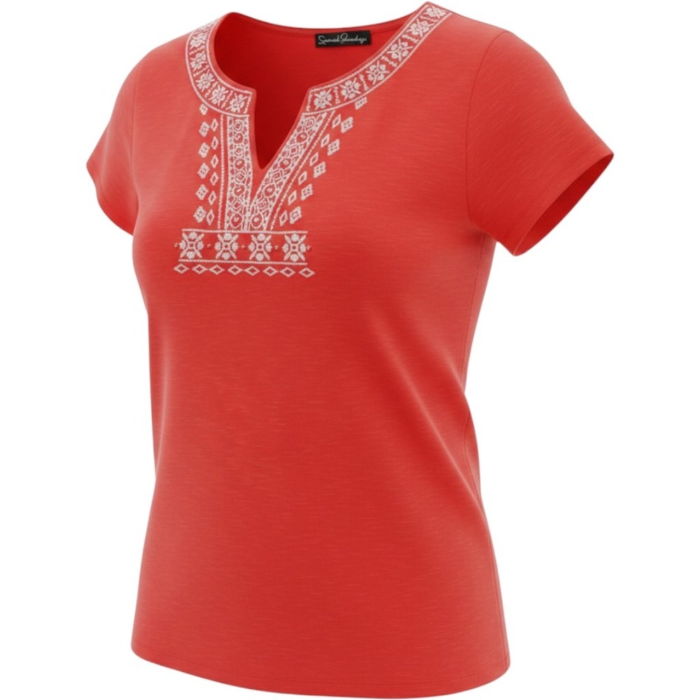 French Laundry Top‎ Womens L Orange Embroidered Split Neck Boho Slub Knit Tee